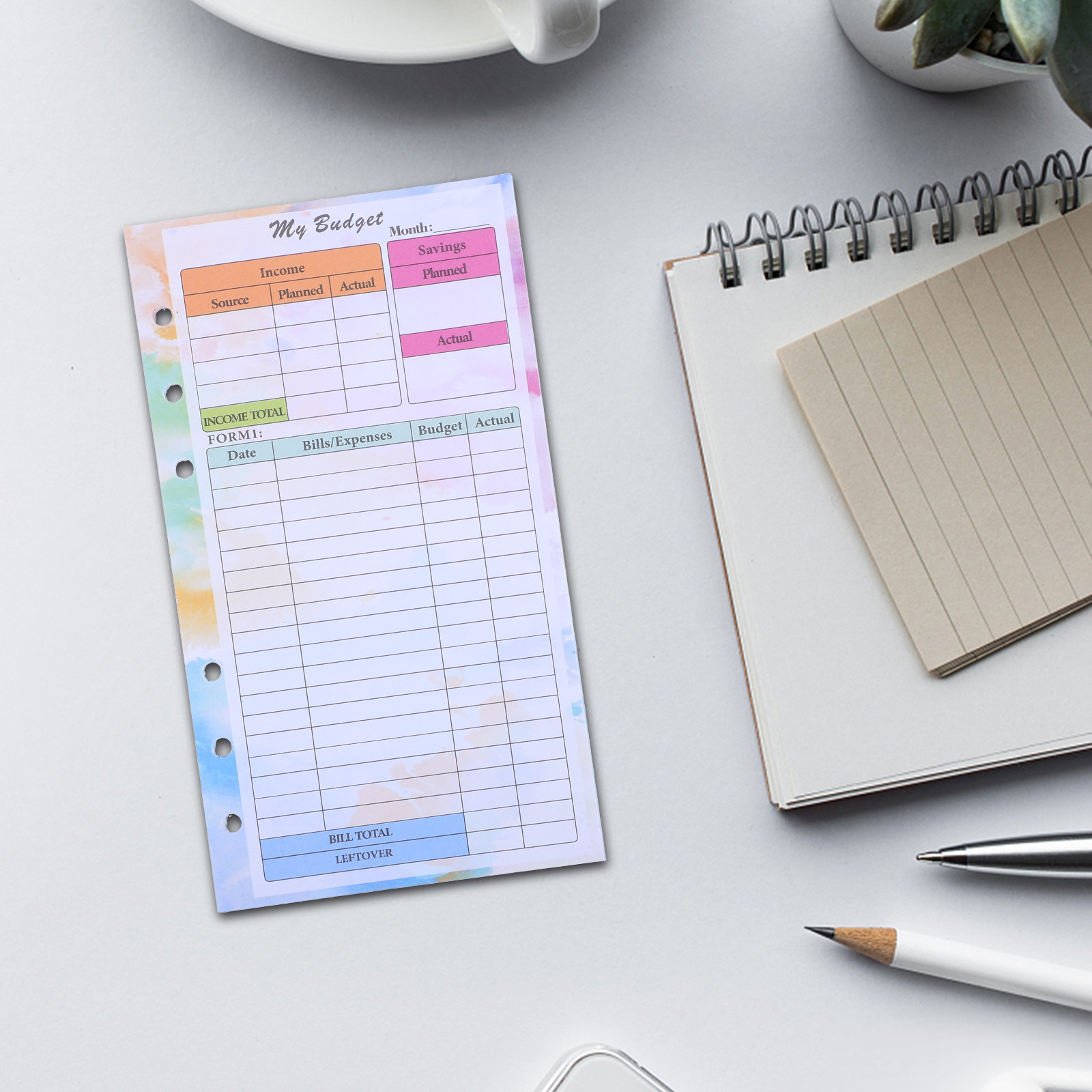 Planner Weekly Budget - 14 Folhas A6 Coloridas para Refil