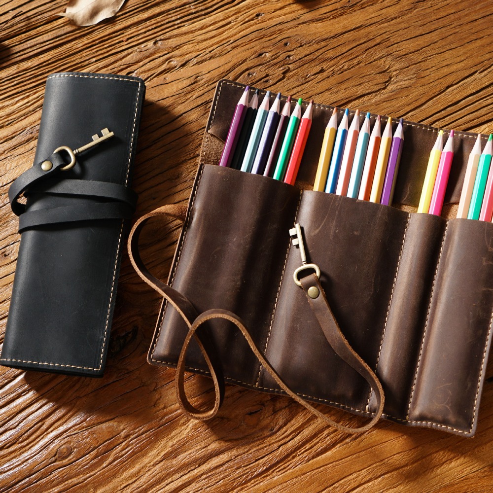 Pen Pouch Roll - Retro couro genuíno artesanal caneta rolo